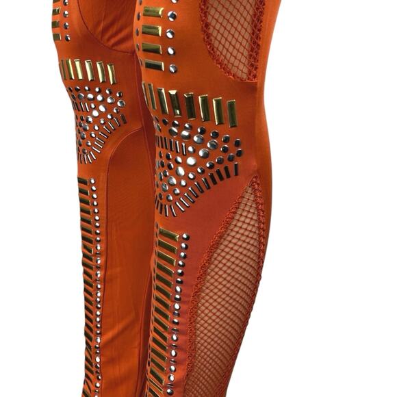 Rehab Orange Studded Fishnet Jeweled Skinny Mid Rise Trousers Leggings Pants L - Picture 5 of 7